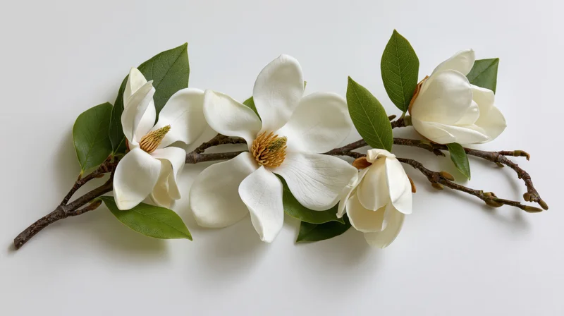 White magnolia branch with three open blooms and fresh leaves