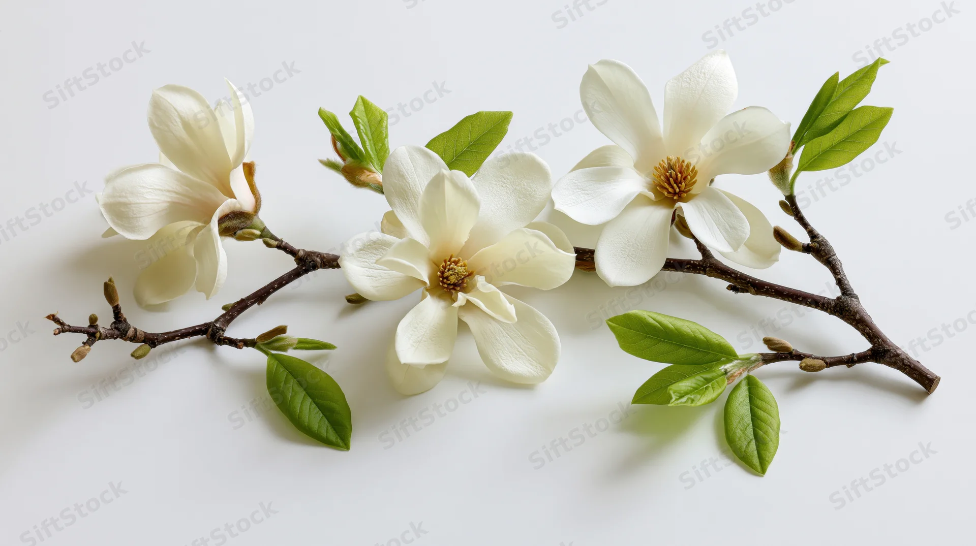 White magnolia branch with three open blooms and fresh green leaves on white background