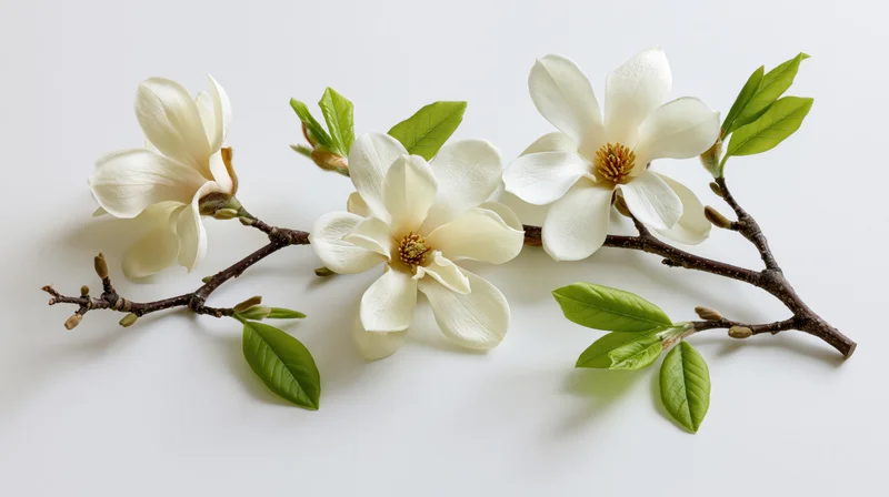 White magnolia branch with three open blooms and fresh green leaves on white background