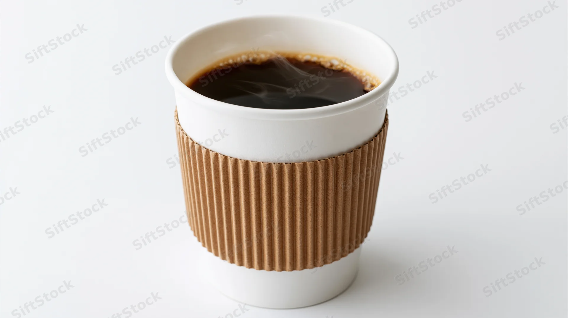 White paper takeaway coffee cup with corrugated kraft sleeve, steaming hot coffee inside, isolated on white background