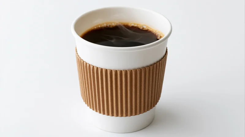 White paper takeaway coffee cup with corrugated kraft sleeve, steaming hot coffee inside, isolated on white background