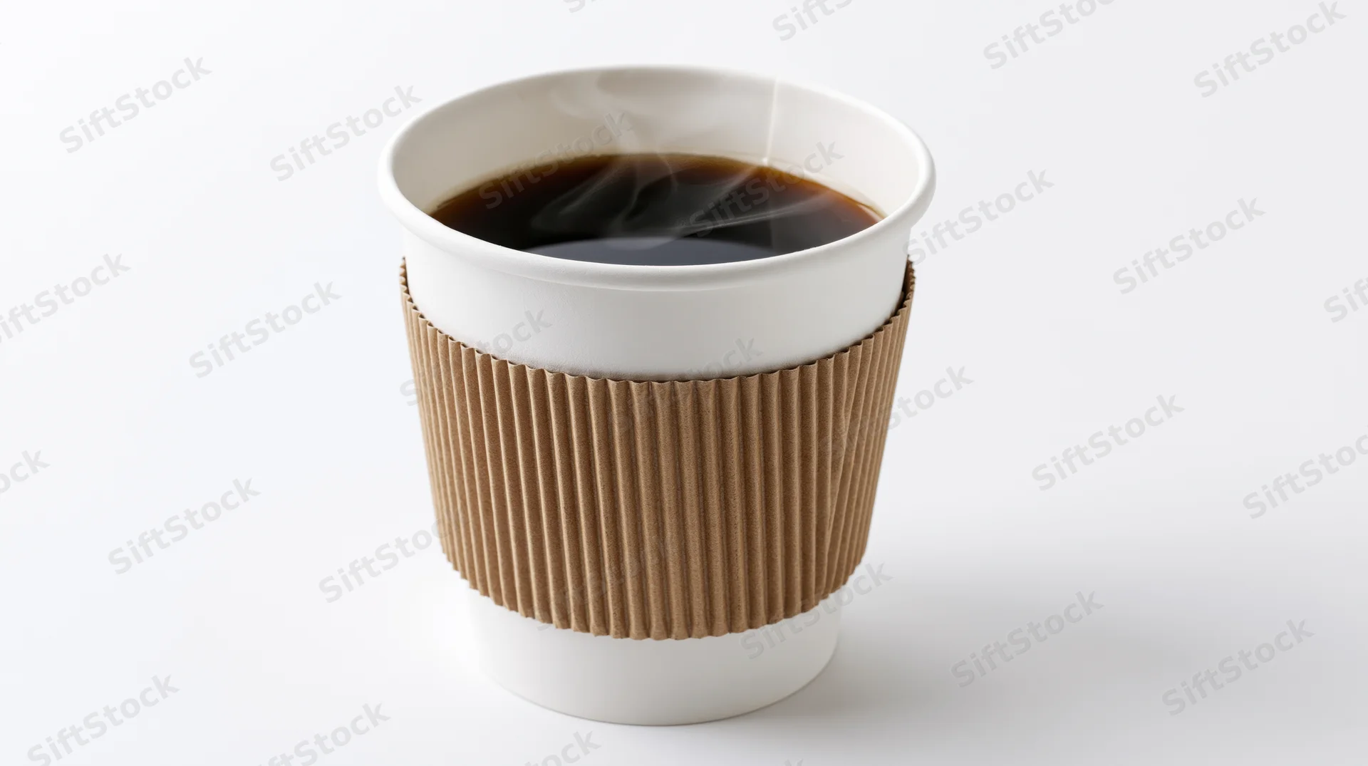 White paper takeaway coffee cup with corrugated kraft sleeve, steaming hot coffee inside, isolated on white background