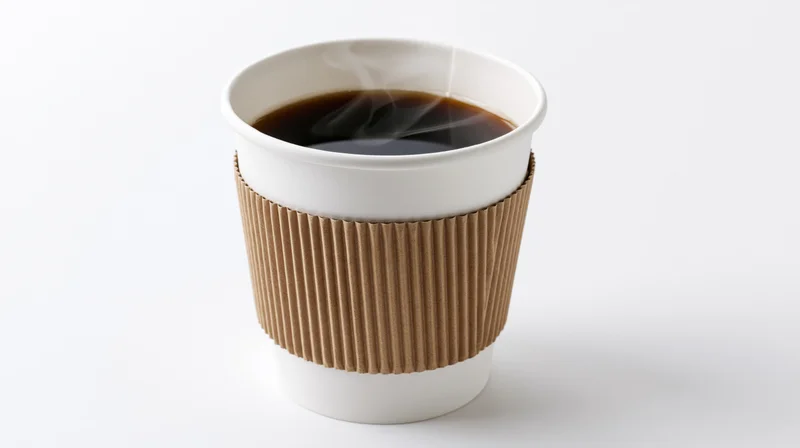 White paper takeaway coffee cup with corrugated kraft sleeve, steaming hot coffee inside, isolated on white background