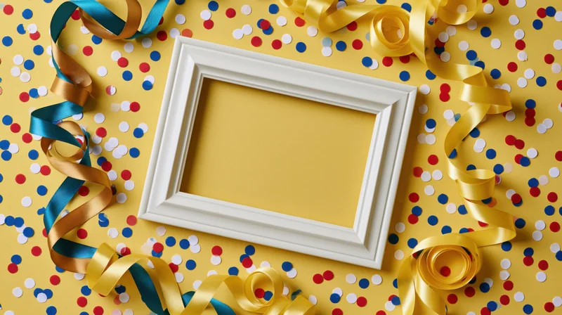 White picture frame with empty interior surrounded by colorful confetti and ribbons on yellow surface