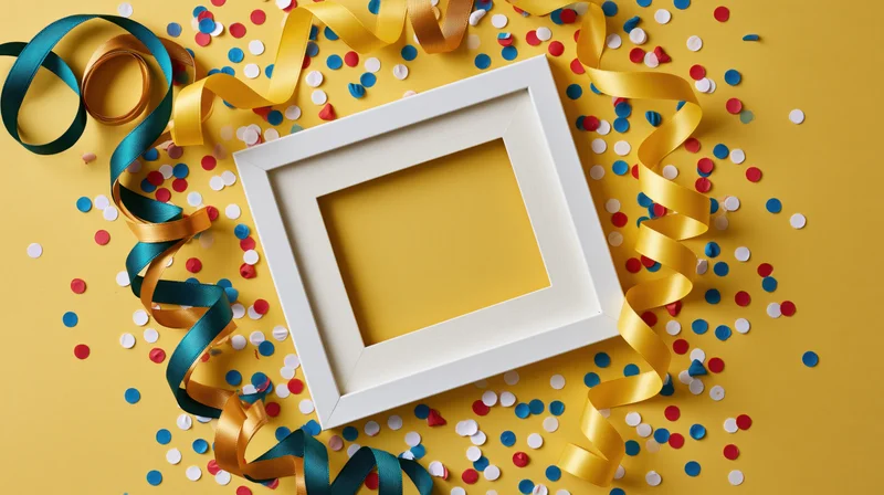 White picture frame with empty interior surrounded by colorful confetti and ribbons on yellow background
