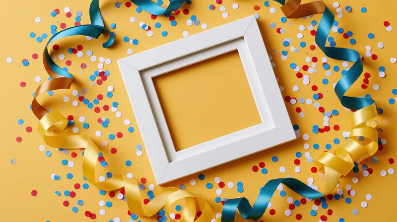 White picture frame with empty interior surrounded by colorful confetti and ribbons on yellow background