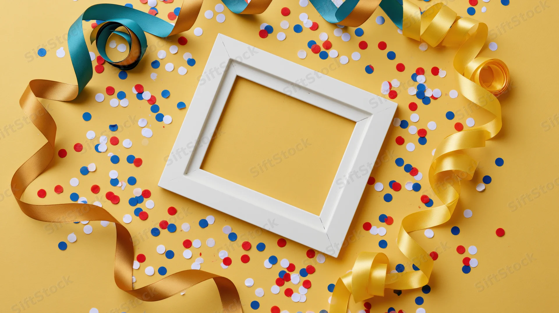 White picture frame with empty interior surrounded by colorful confetti and ribbons on yellow surface