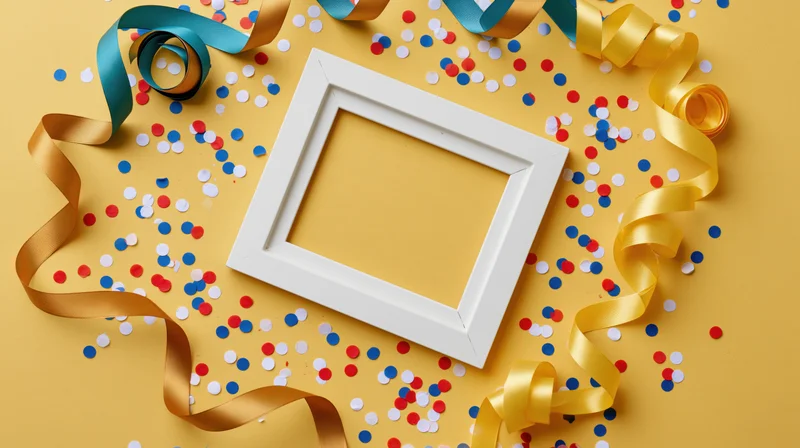 White picture frame with empty interior surrounded by colorful confetti and ribbons on yellow surface