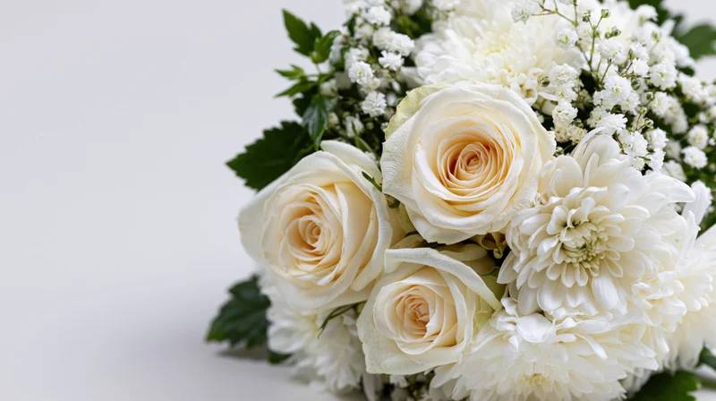 White rose and chrysanthemum bouquet with baby's breath on white background