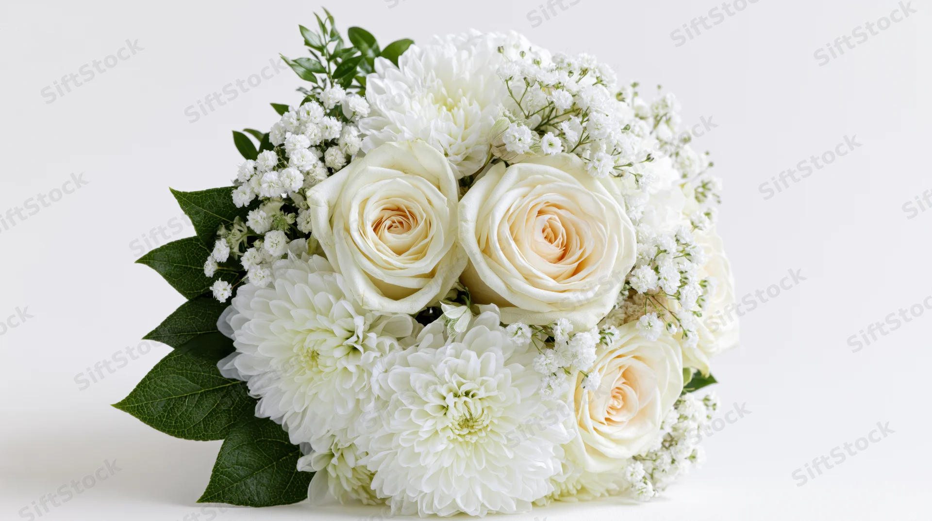 White rose and chrysanthemum bouquet with baby's breath and green leaves on white background