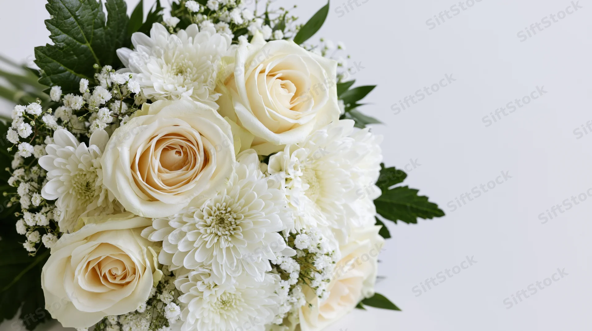 White rose and chrysanthemum bouquet with baby's breath and green leaves on white background