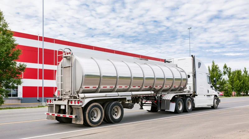 White semi-truck with stainless steel tanker trailer driving on highway near red-and-white warehouse building