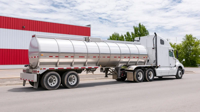 White semi-truck with polished stainless steel tanker trailer parked in front of red and white building
