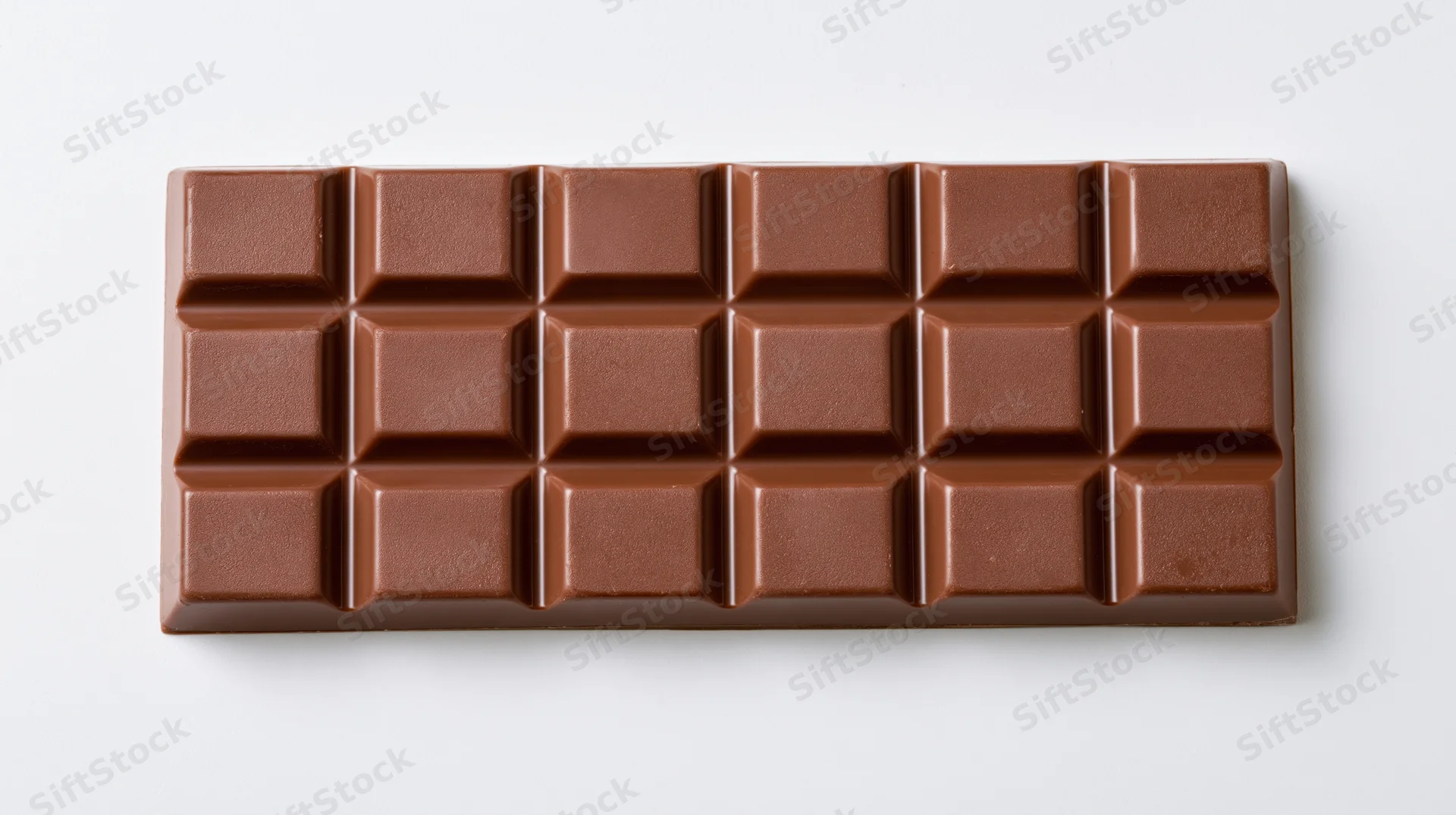 Milk chocolate bar with raised rectangular segments on white background