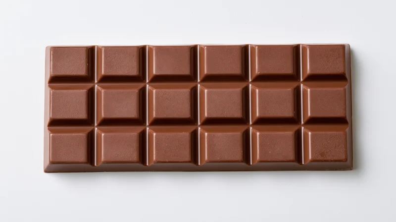 Milk chocolate bar with raised rectangular segments on white background
