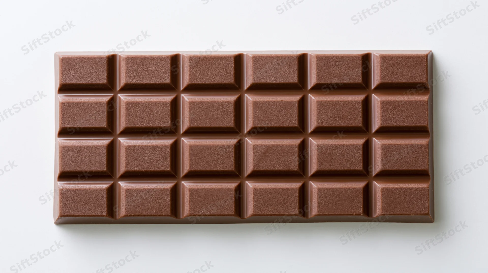 Milk chocolate bar with raised rectangular segments arranged in a 4x6 grid on white background