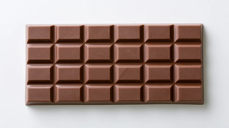 Milk chocolate bar with raised rectangular segments arranged in a 4x6 grid on white background