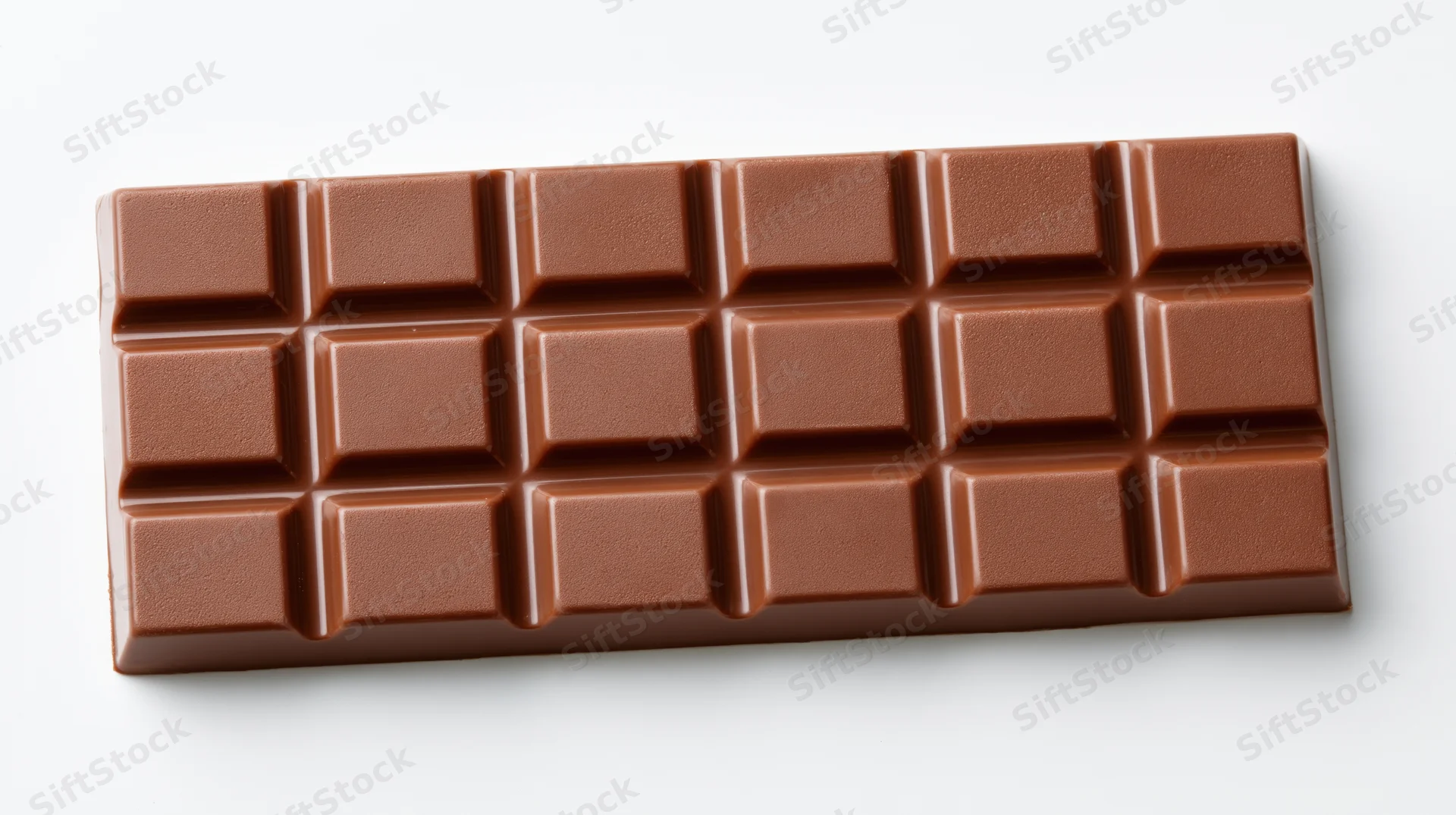 Milk chocolate bar with raised rectangular grid segments on white background
