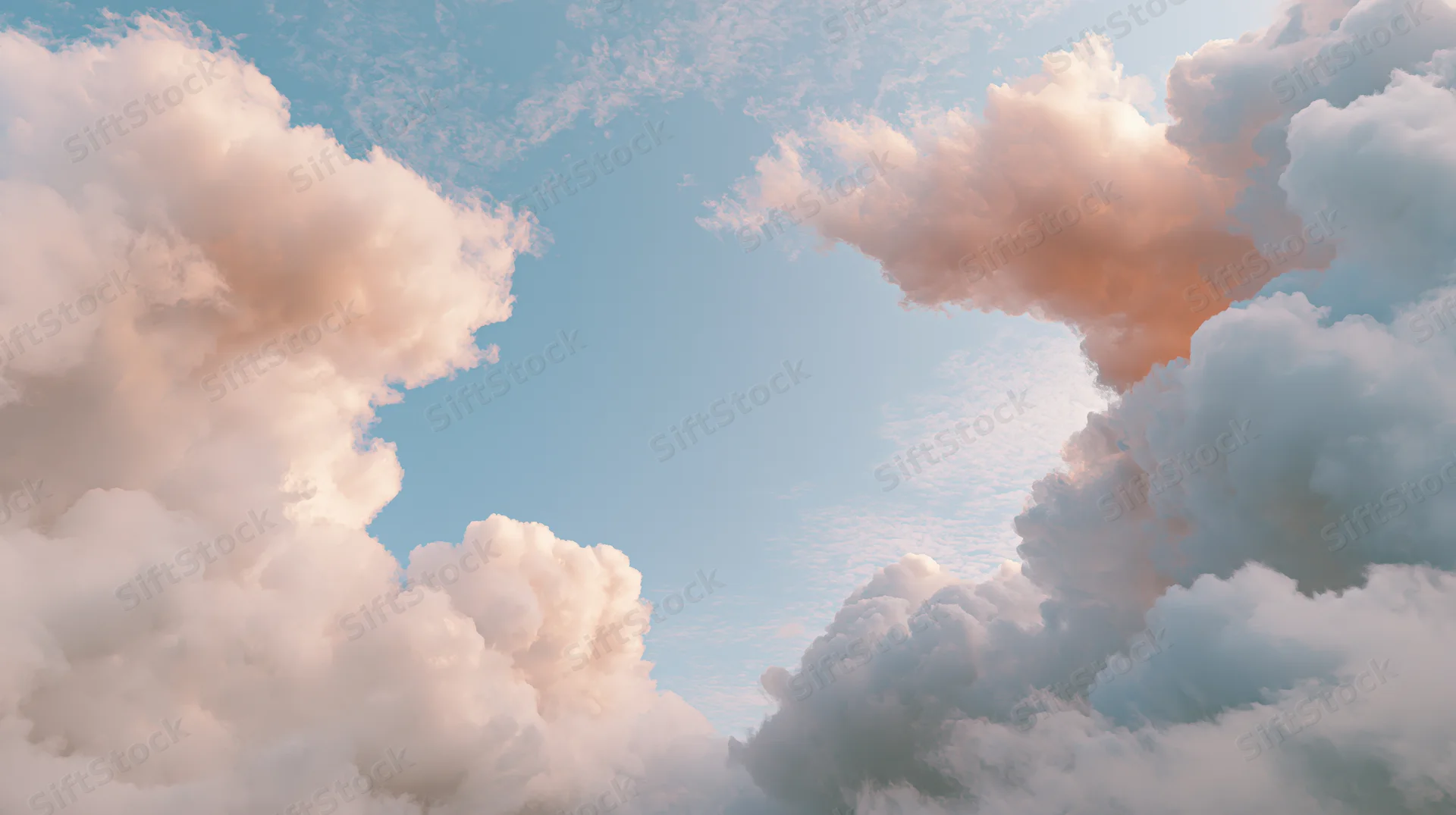 Upward view of fluffy cumulus clouds in a clearing blue sky with soft pink and orange highlights