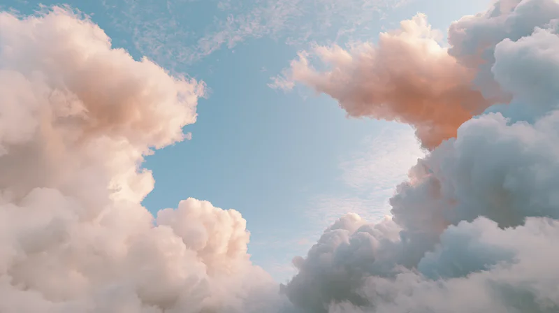 Upward view of fluffy cumulus clouds in a clearing blue sky with soft pink and orange highlights