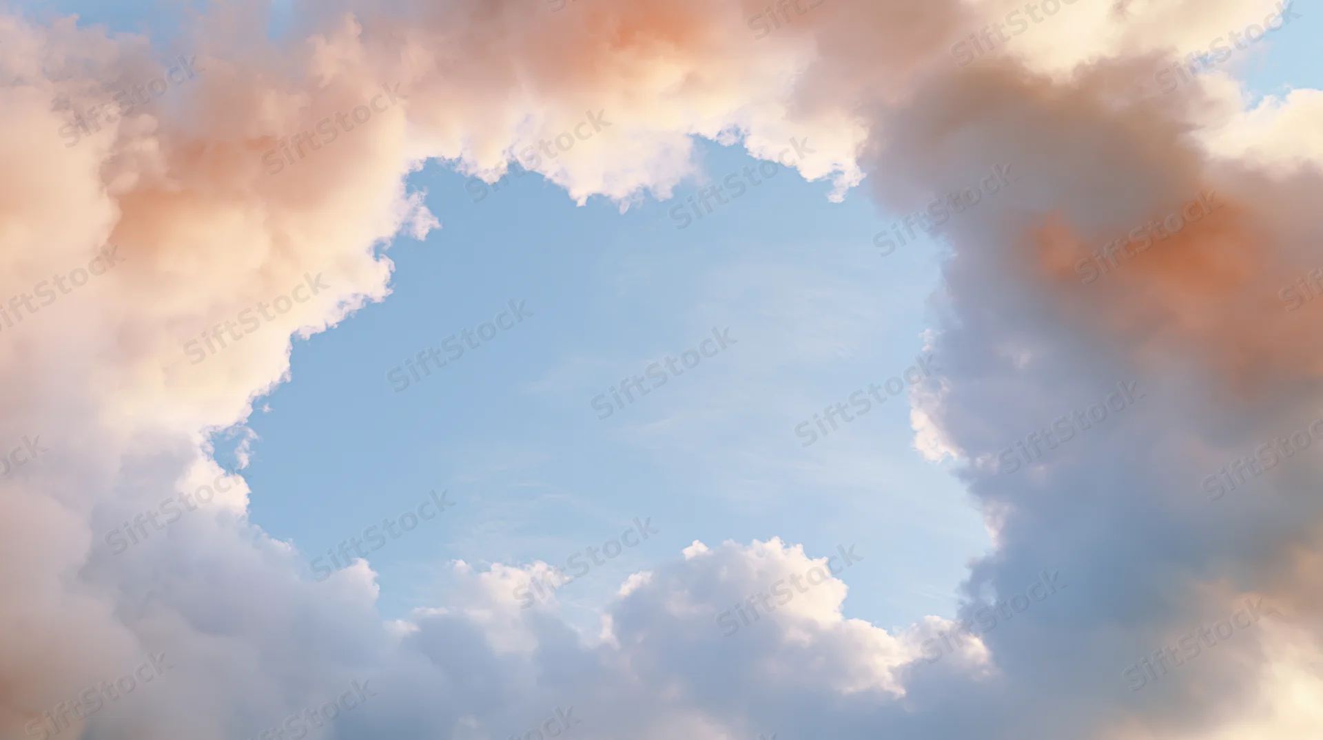 Sky viewed from below with clouds forming a circular opening around a clear blue center