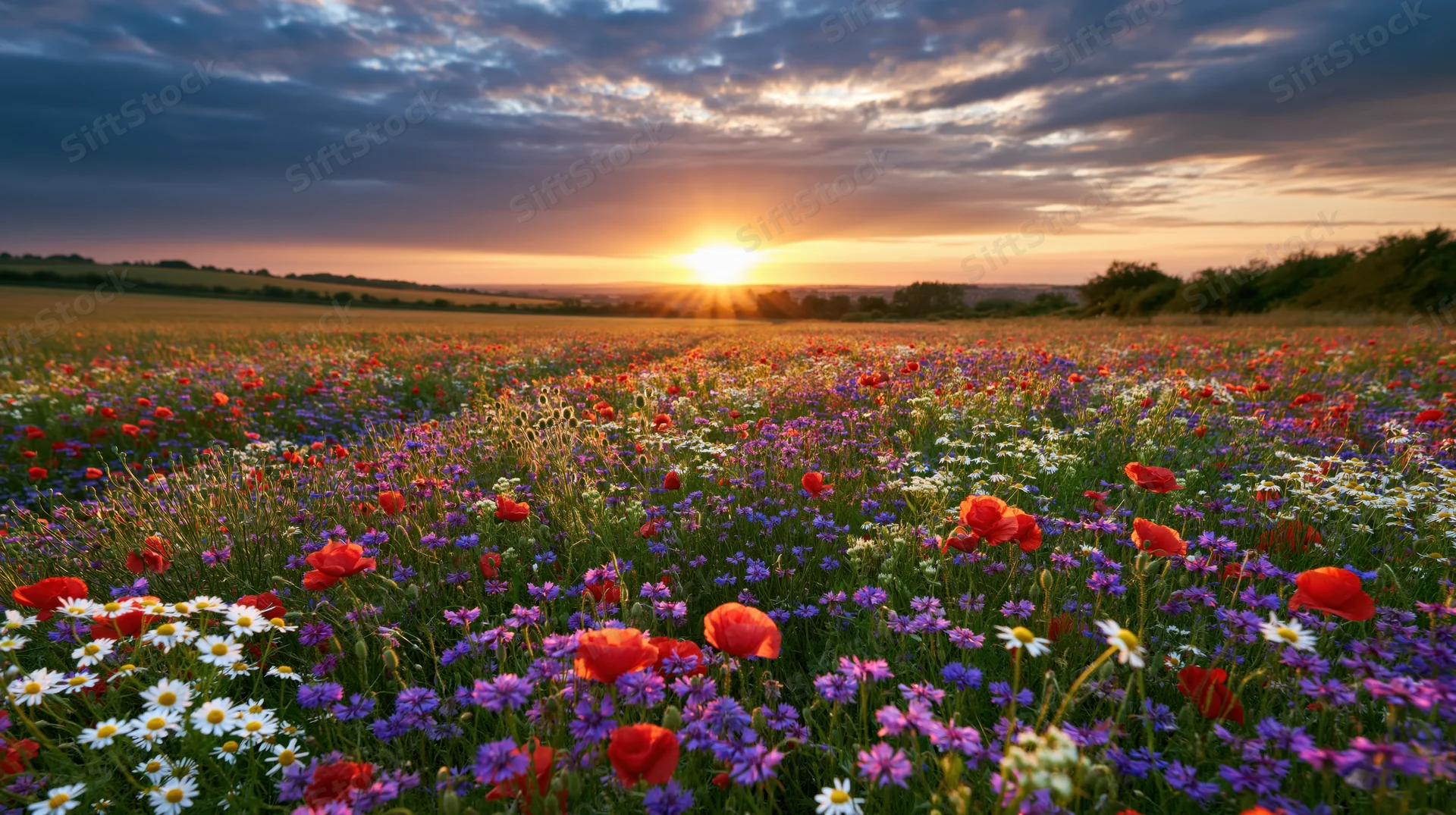 Wide meadow filled with blooming wildflowers at sunset under cloudy sky