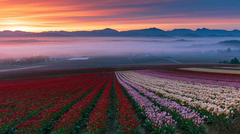 Rows of red, pink and white tulips in a vast field at sunrise with mountains and fog in the distance