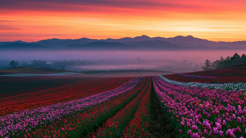 Terraced tulip fields in rows of red and purple under a vibrant sunset sky with distant mountains and misty valley