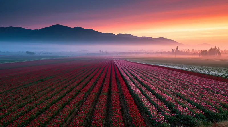Rows of red and pink tulips stretching across a misty field at sunset with mountains in the distance