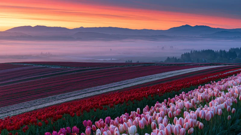 Rows of blooming tulips in a terraced field at sunset with mountains and fog in the distance