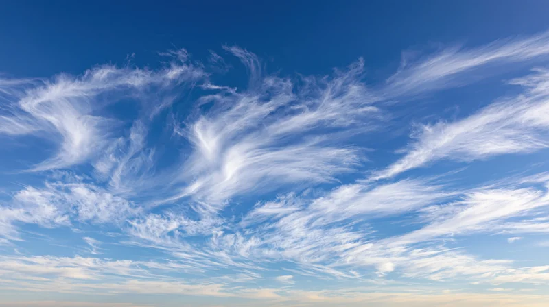 Wide upward view of open daytime sky filled with wispy white clouds against deep blue background