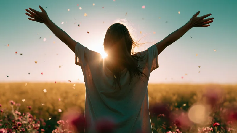 Woman with arms raised in a wildflower meadow at sunset