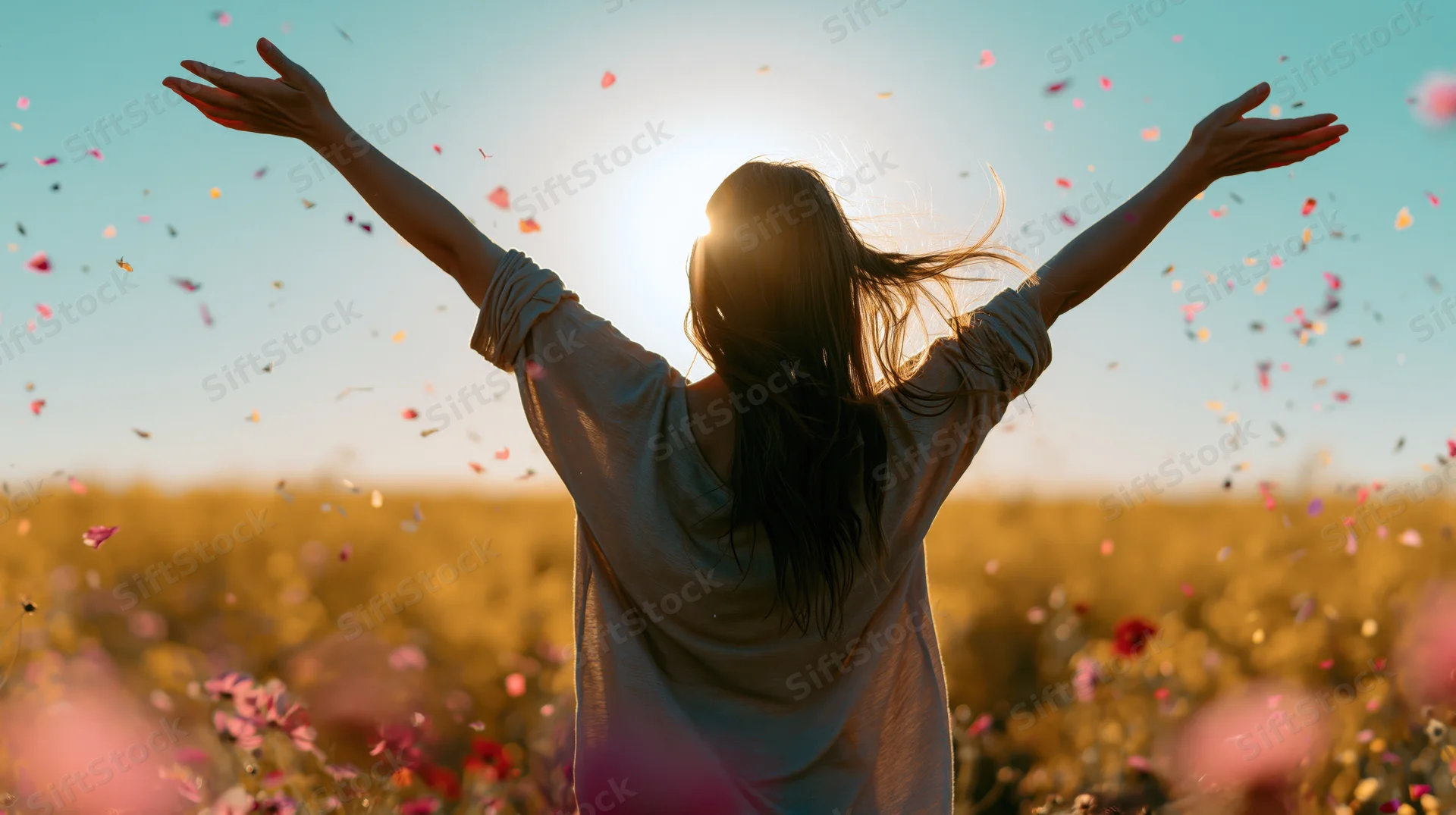 Woman with arms raised wide in a wildflower meadow at sunset