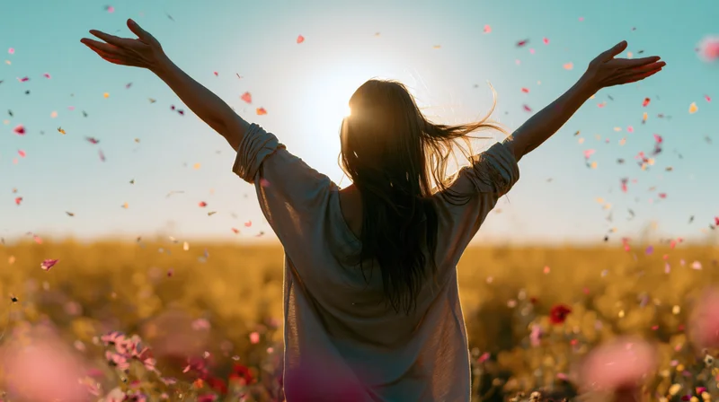 Woman with arms raised wide in a wildflower meadow at sunset