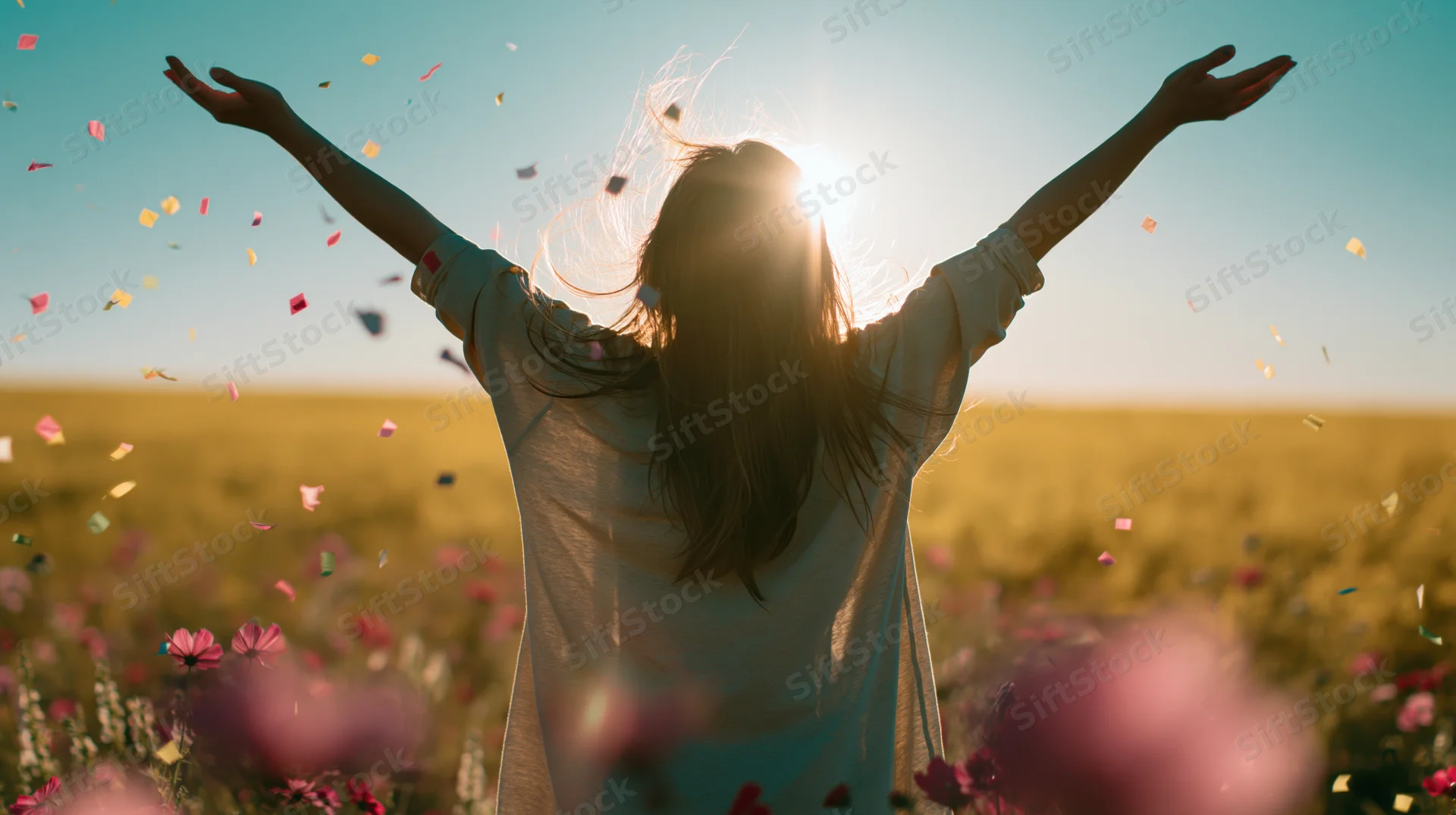 Woman standing in a wildflower meadow with arms raised wide backlit by sunlight