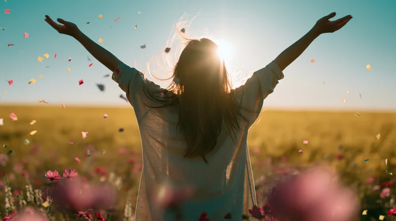 Woman standing in a wildflower meadow with arms raised wide backlit by sunlight