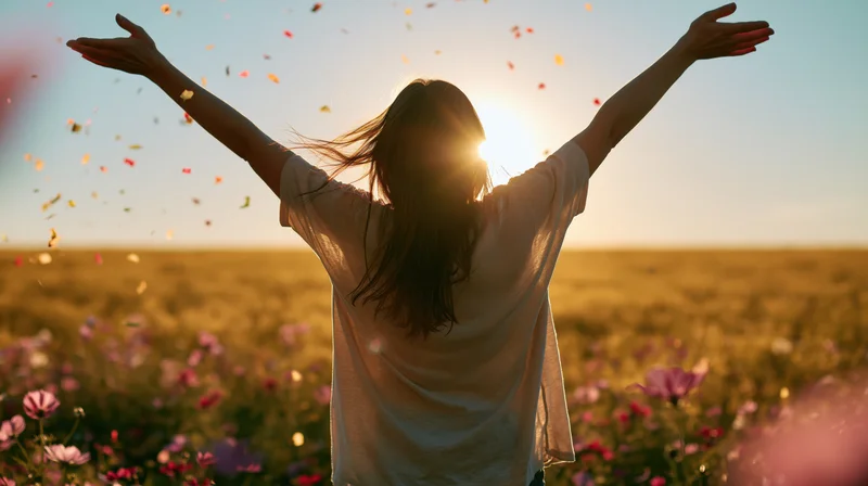 Woman with arms raised in a wildflower meadow at sunset