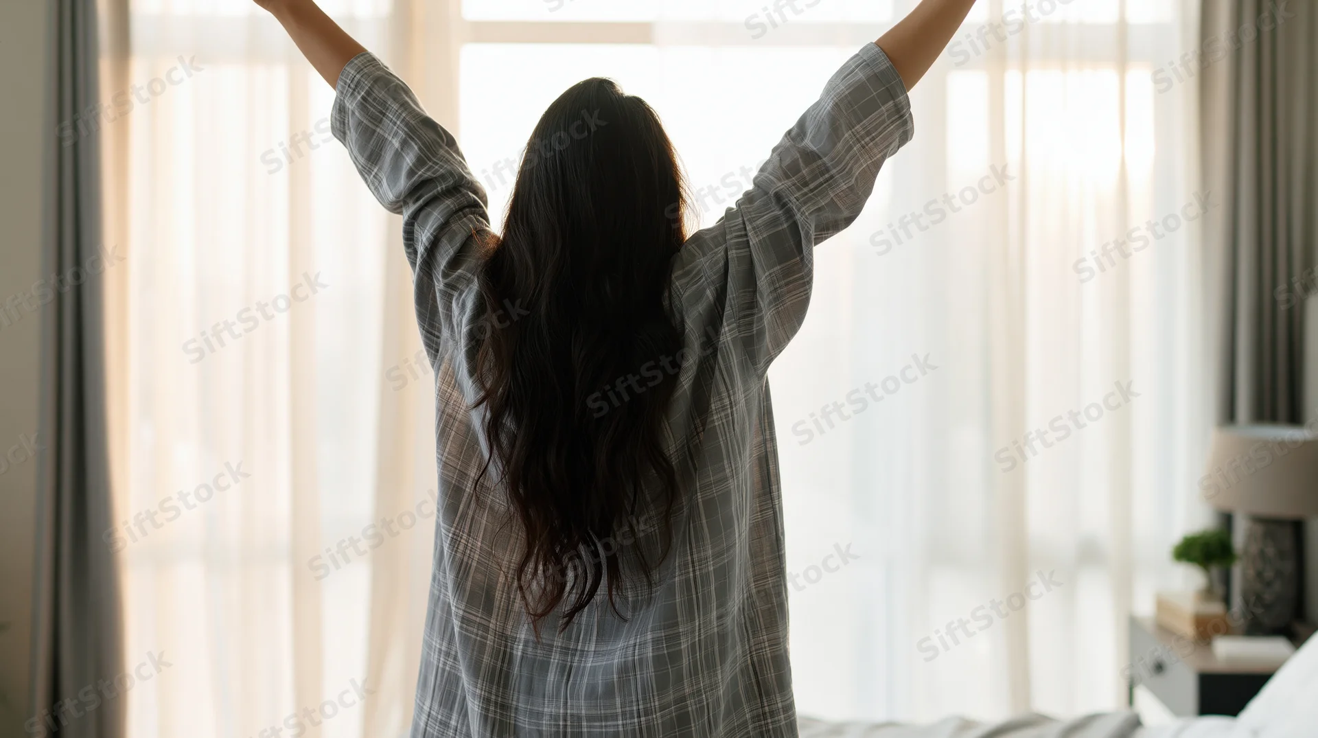 Woman stretching arms overhead in bedroom facing window at dawn