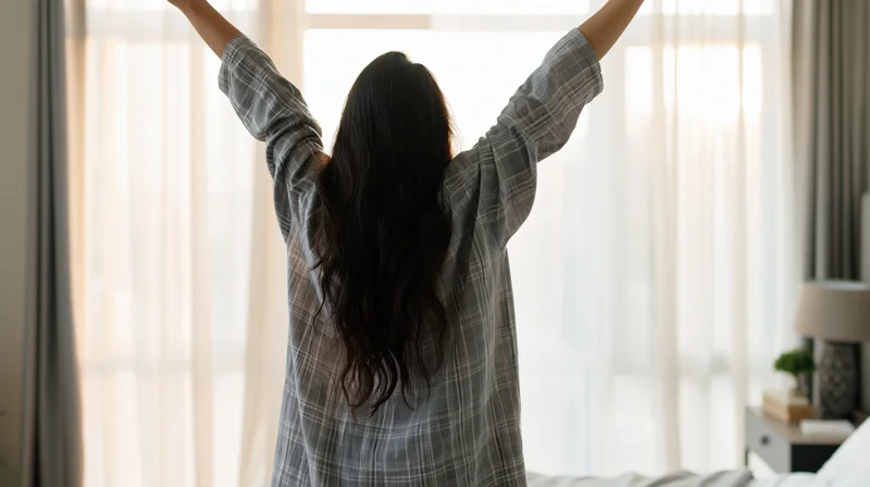 Woman stretching arms overhead in bedroom facing window at dawn