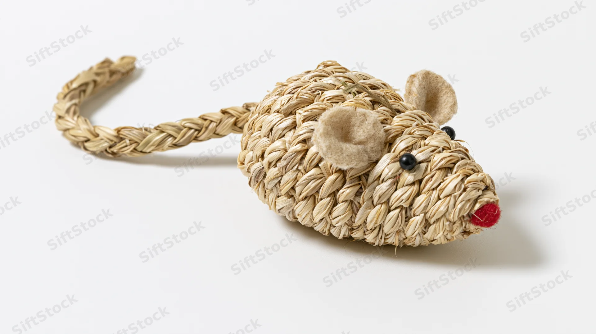 Woven seagrass mouse toy lying flat on white background