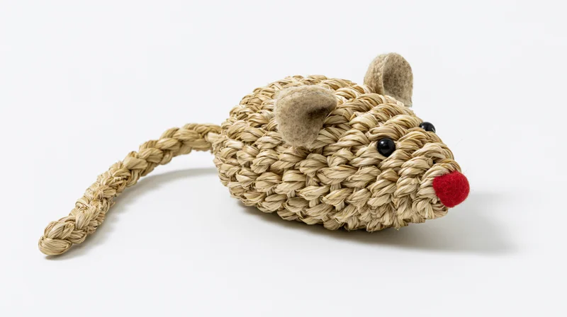 Woven seagrass mouse toy lying flat on white surface