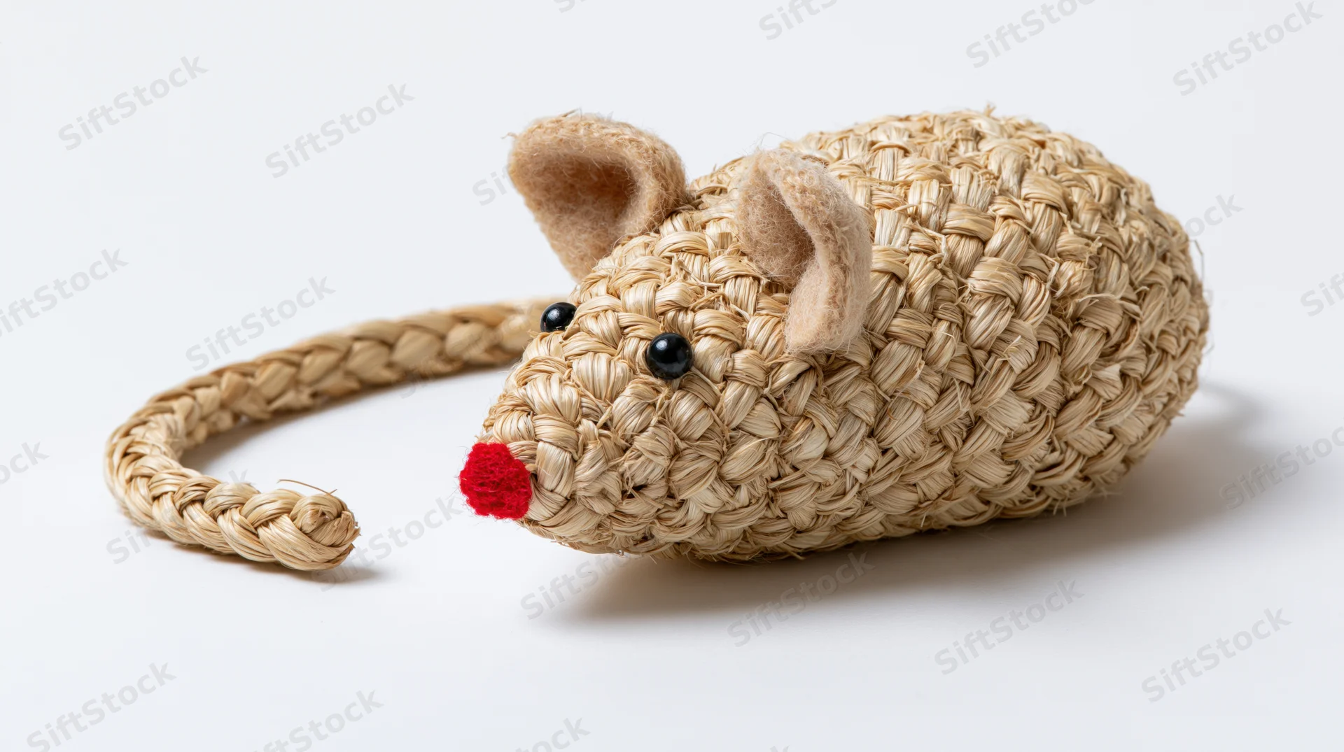 Woven seagrass mouse toy lying flat on white surface