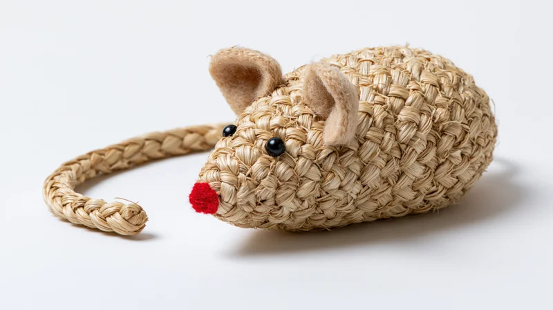 Woven seagrass mouse toy lying flat on white surface