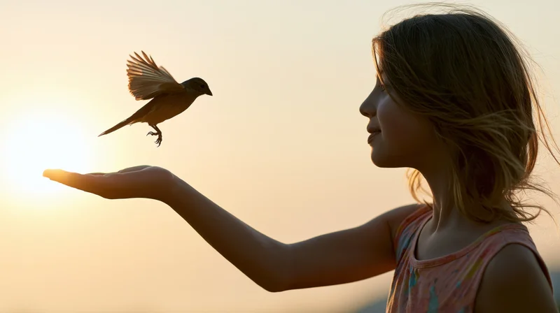 Young girl releasing a small bird from her open palm at sunset
