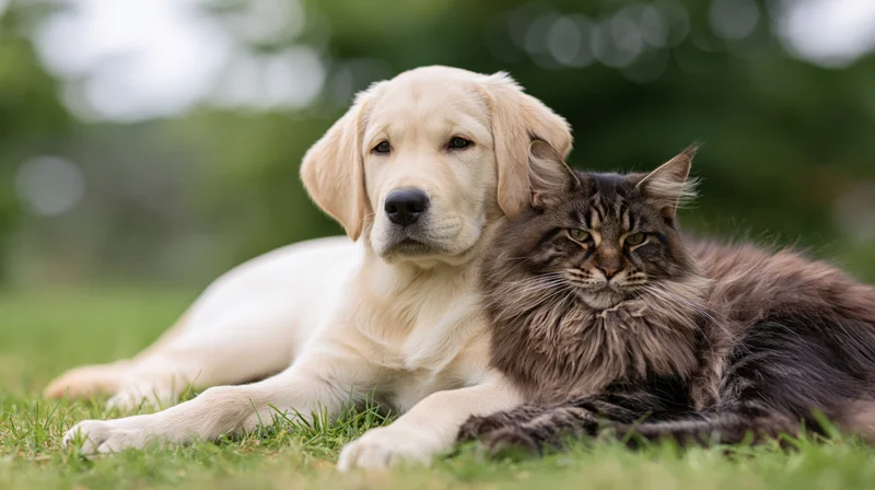 Golden labrador puppy and dark tabby cat lying together on grass