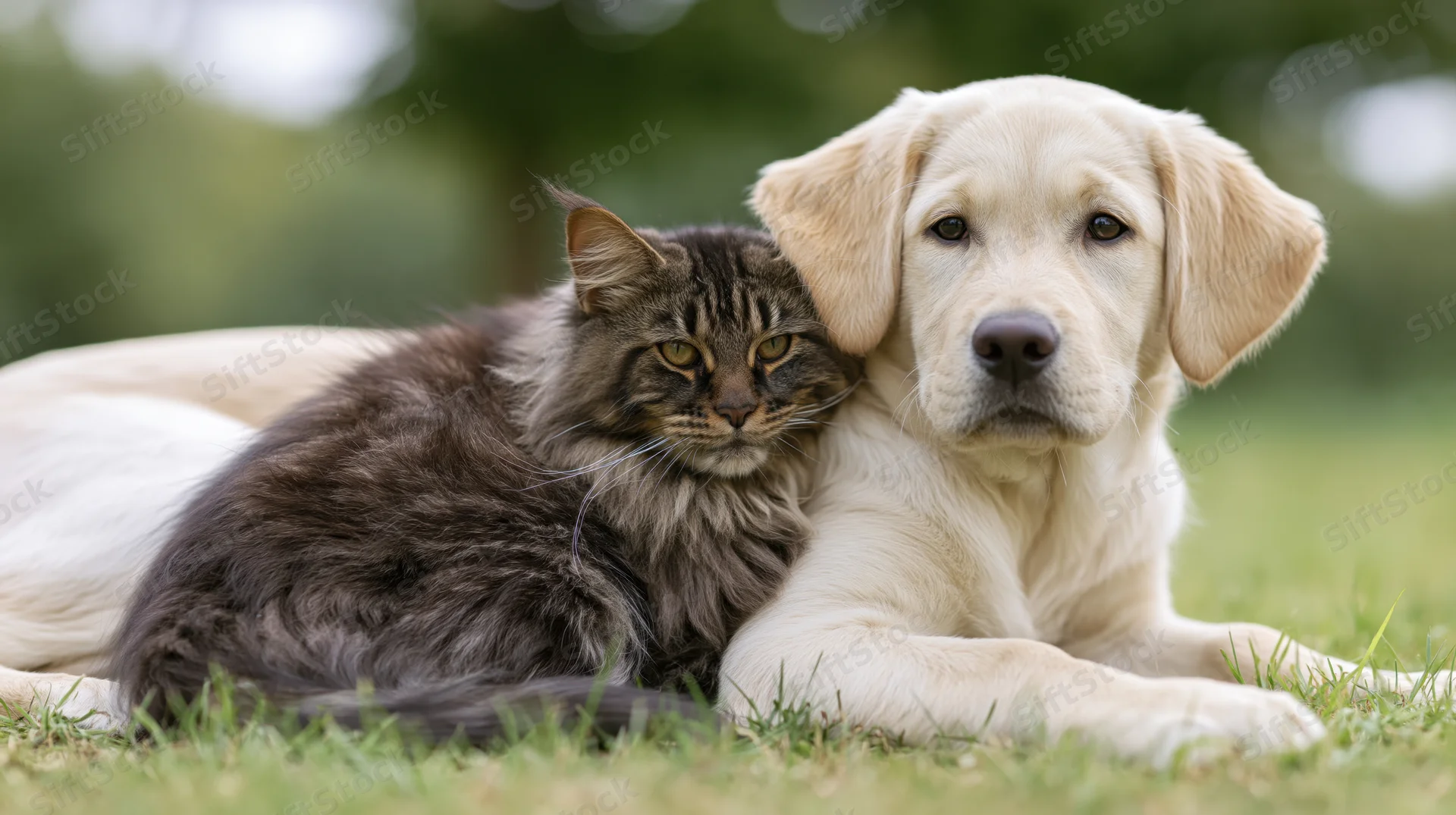 Golden labrador puppy lying on grass beside a dark tabby cat, both resting together in a natural outdoor setting
