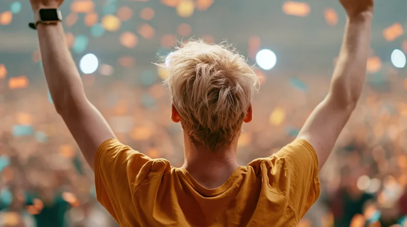 Young man with short blonde hair seen from behind arms raised at concert