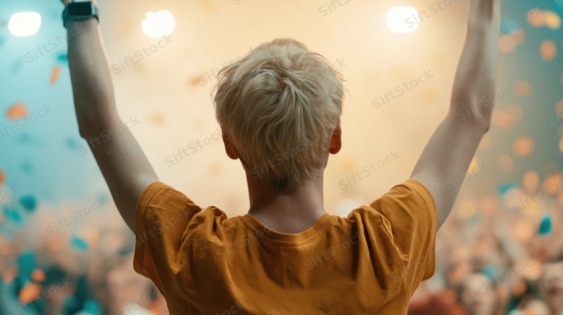 Young man with short blonde hair raising arms at concert crowd
