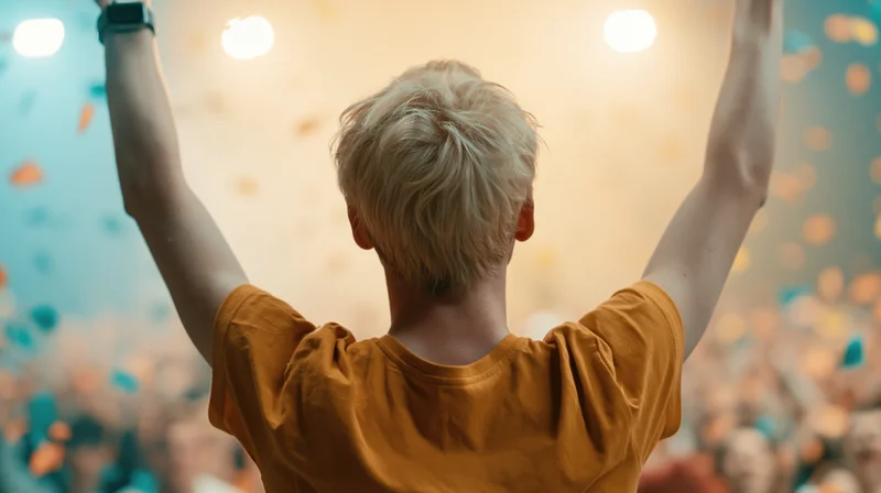 Young man with short blonde hair raising arms at concert crowd