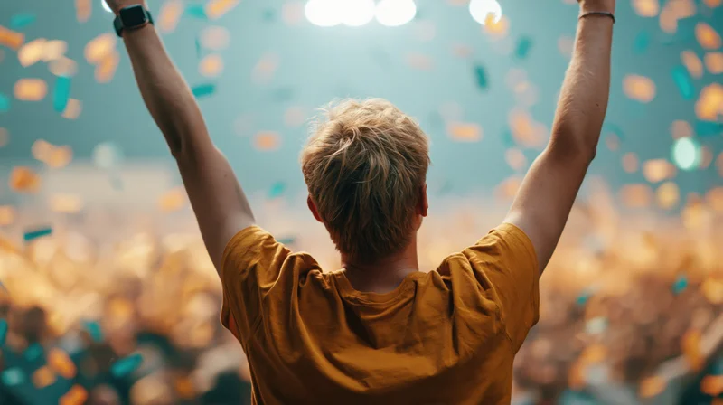 Young man with arms raised facing concert stage amidst falling confetti